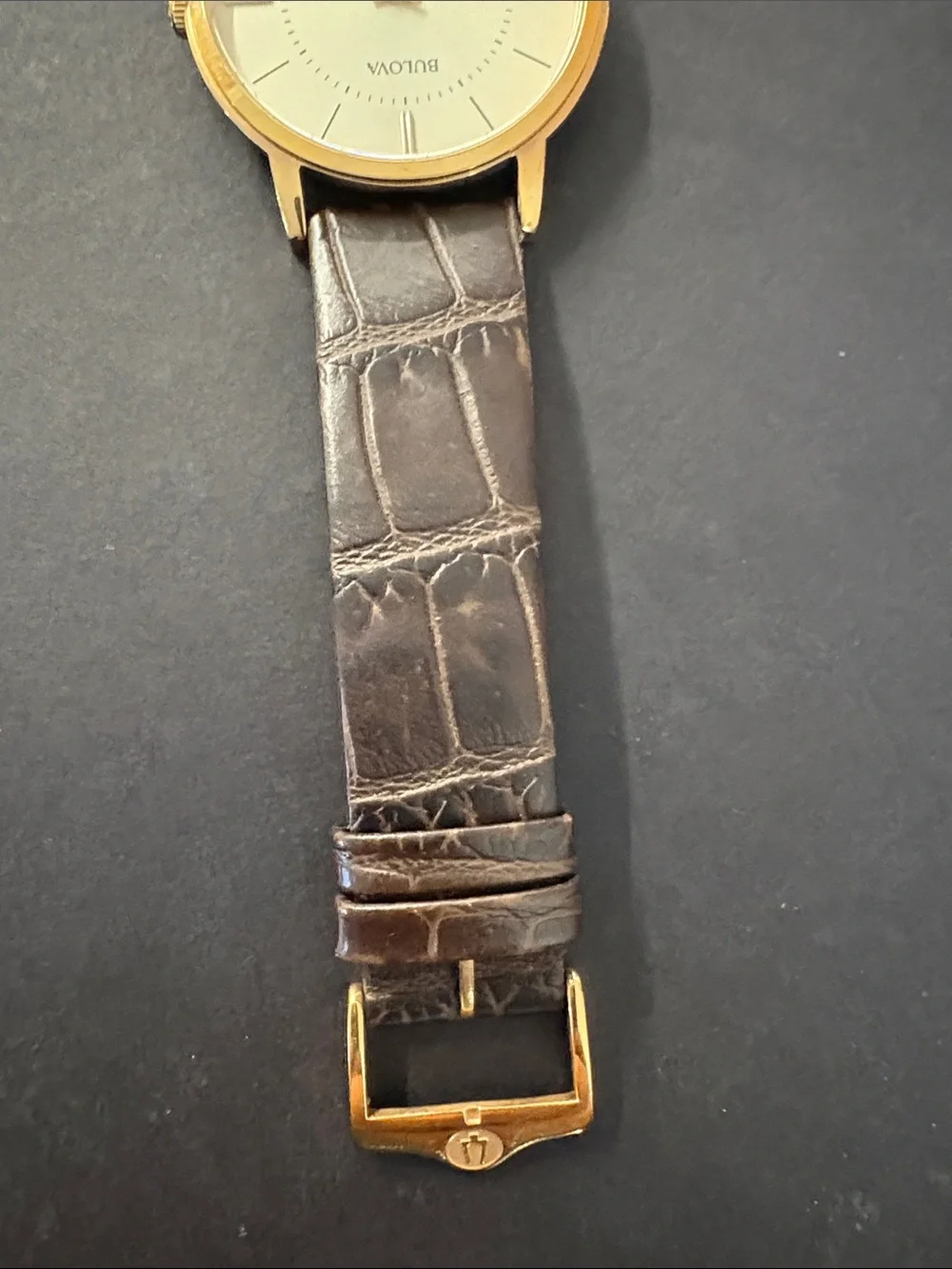 Bulova Gold Case Watch with Brown Leather Strap and Cream Dial